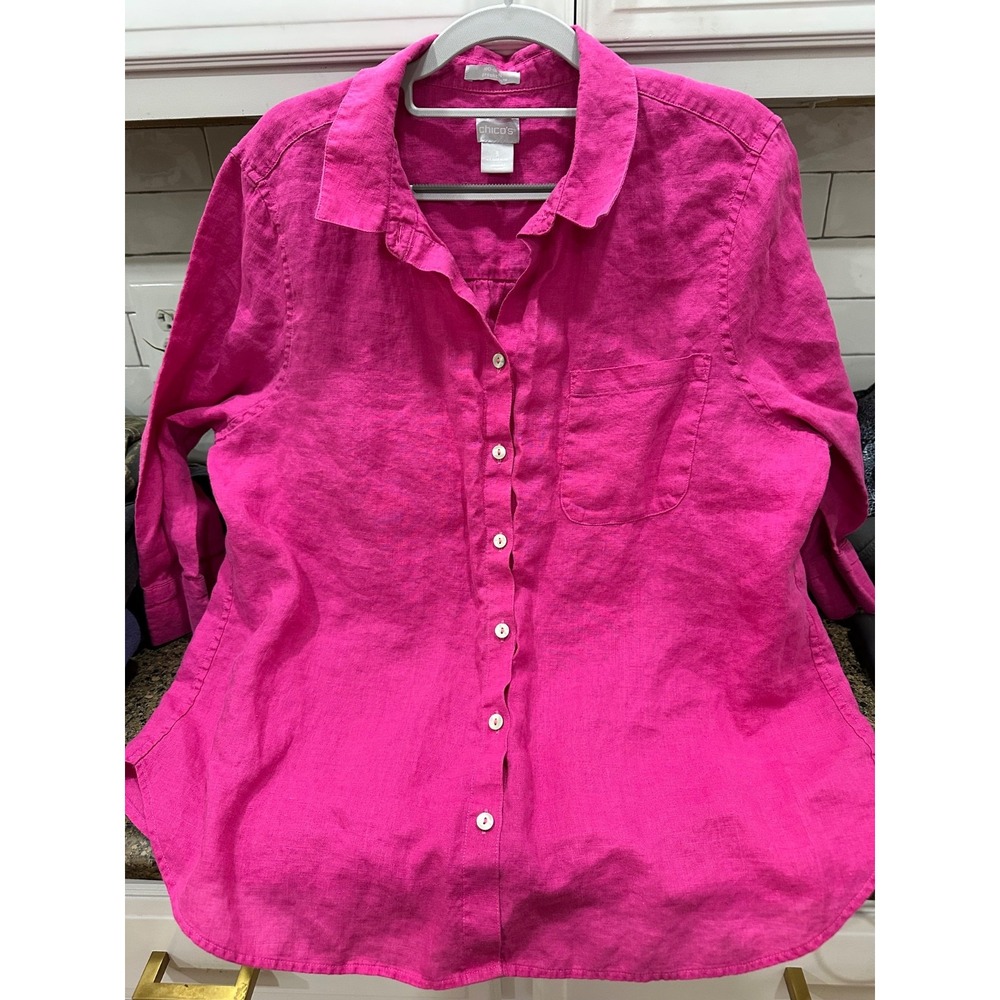 chicos no iron hot pink 100% linen button up‎ 16/18
